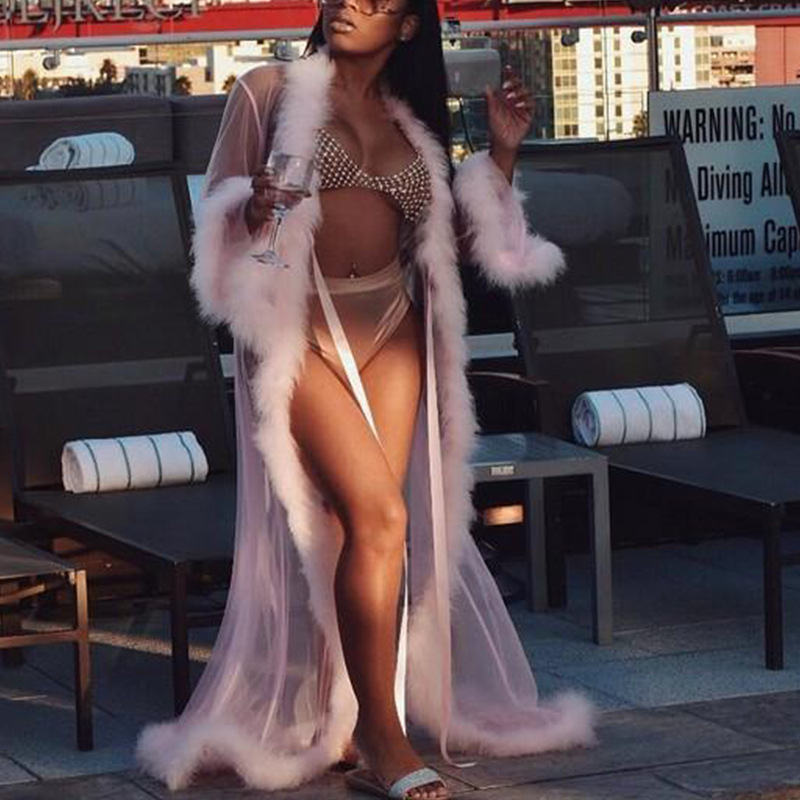 Cross-Border Amazon Autumn and Winter Women's Plus Size Bathrobe Long Lace-Up Mesh Nightgown Sexy Nightgown Lingerie Set