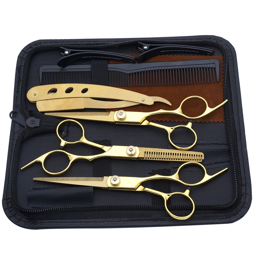 Fabricante al por mayor tijeras de corte de cabello transfronterizo Amazon negro dorado plano tijeras de dientes con flequillo fino tijeras divididas juego de tijeras de cabello
