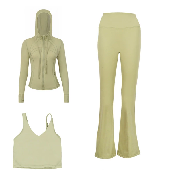 Jacket with hood, vest, flared trousers