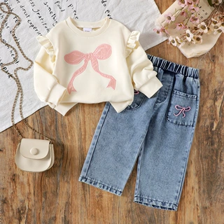Baby Girls Clothes 0-3Y女婴春秋长袖蝴蝶结印花卫衣+牛仔长裤