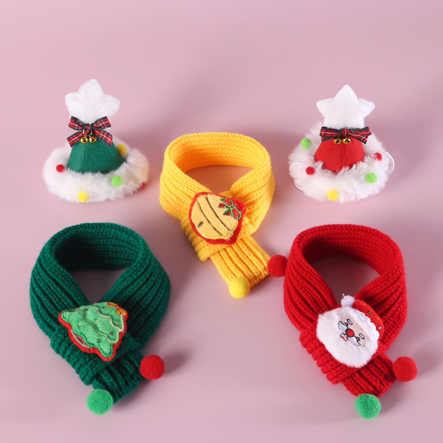 Bufandas de lana de mascotas campana del árbol de Santa Claus bola de colores calentamiento cuello pentagramas sombrero arco set