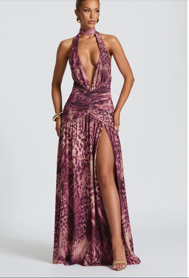 Women's Sexy Halter Neck Bodycon Maxi Dress With Low Back & Thigh Slit | Floral Print Ruffle Detail Lightweight & Flowy Fabric_ecoleips.com