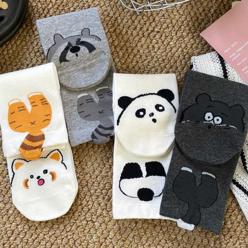 2026 Spring New Style Funny Cartoon Mid-Calf Socks for Women Ins Trendy Korean Style Cute Cat Girl Cotton Socks Long Socks