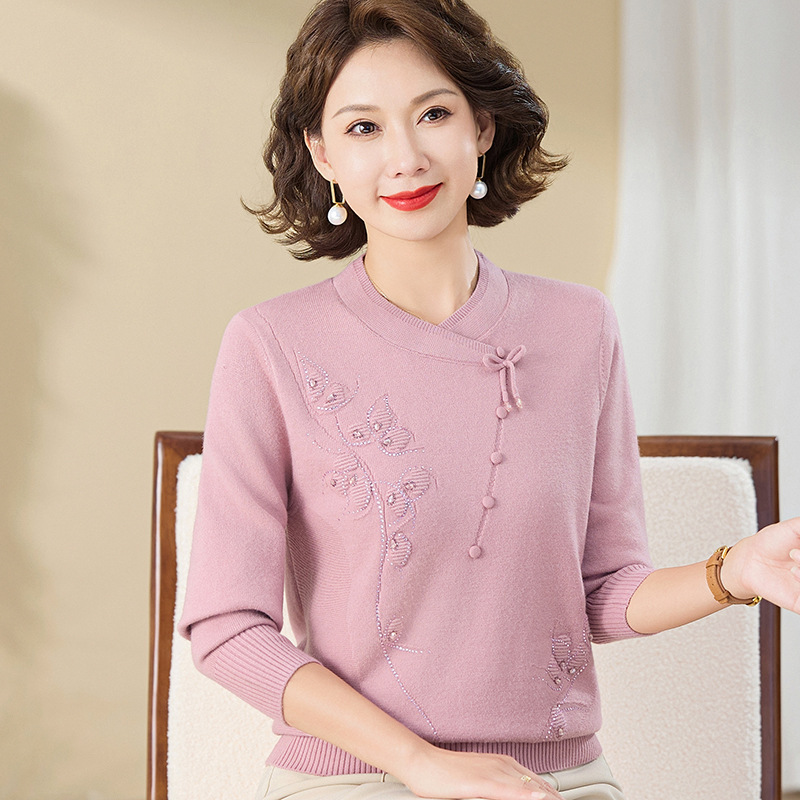秋冬妈妈装大码宽松羊毛针织衫时尚围脖领纯色中老年女装风，女装针织衫/毛衣，妃慕昵服饰