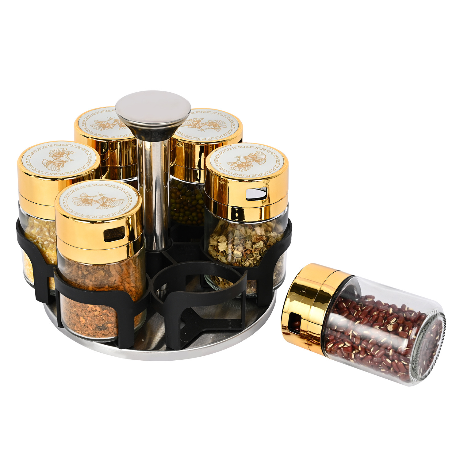 Creativo nuevo lujo ligero condimento rack traje a prueba de fugas vidrio condimento tarro sal tarro rotatorio condimento botella cocina suministros