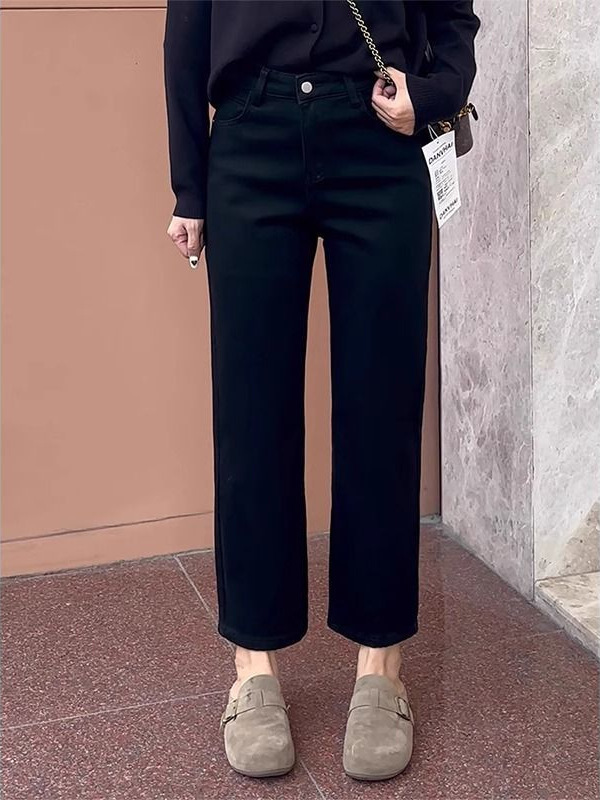 大きいサイズの黒いストレートのジーパンの女性の春秋の新型のナシの形の太った妹の腰の弾力性の9分のタバコの管のズボン|undefined