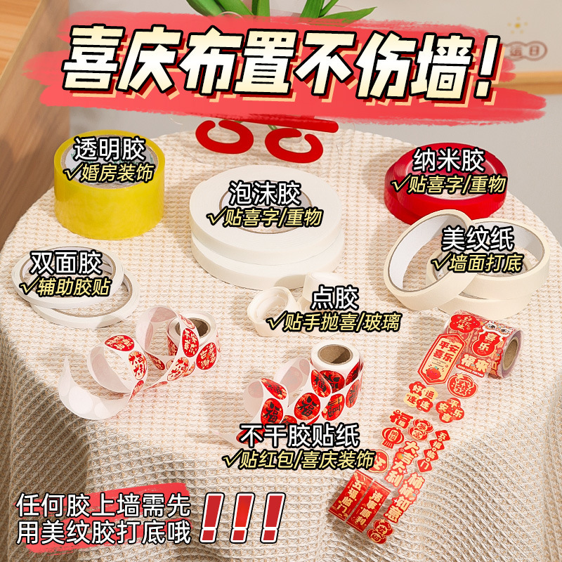 结婚用品大全美纹贴纸婚房布置装饰不伤墙无痕透明点胶双面纳米胶|undefined