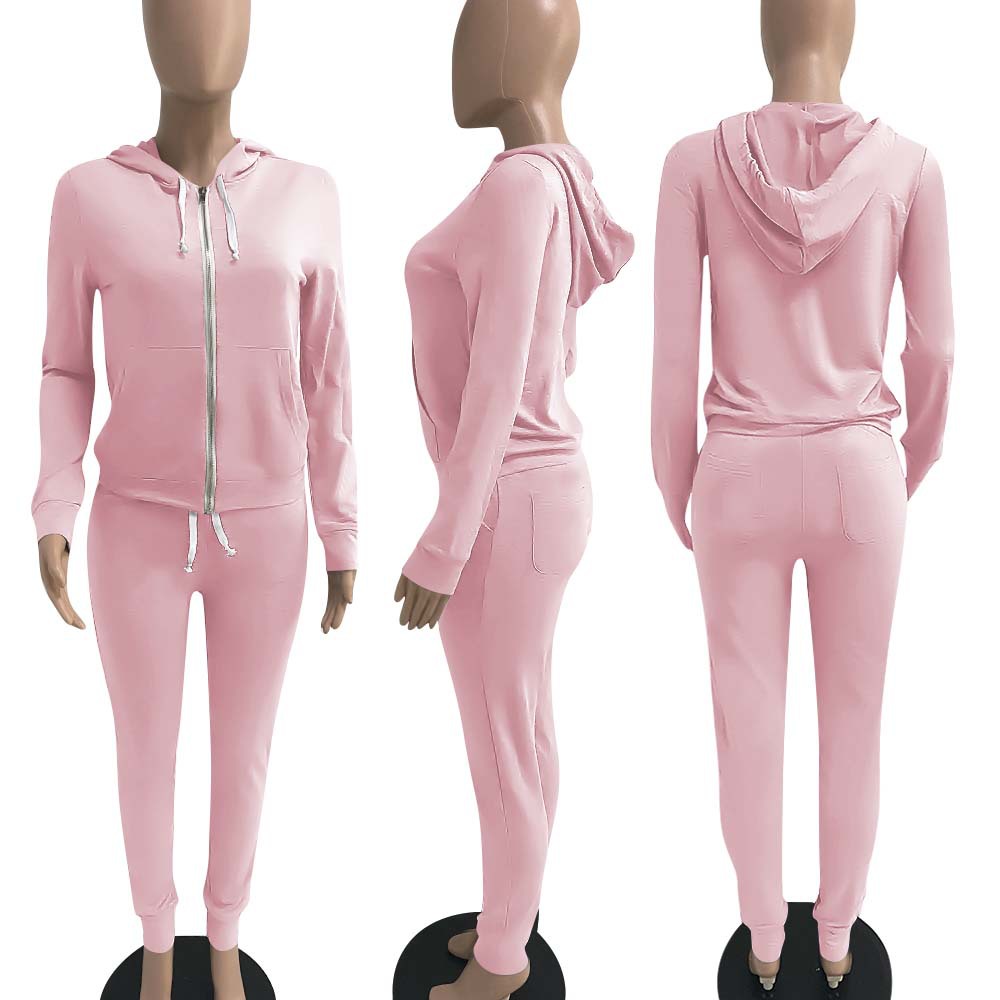 2pcs Sets Drawstring Solid Zipper Hoodies + Slim Pants