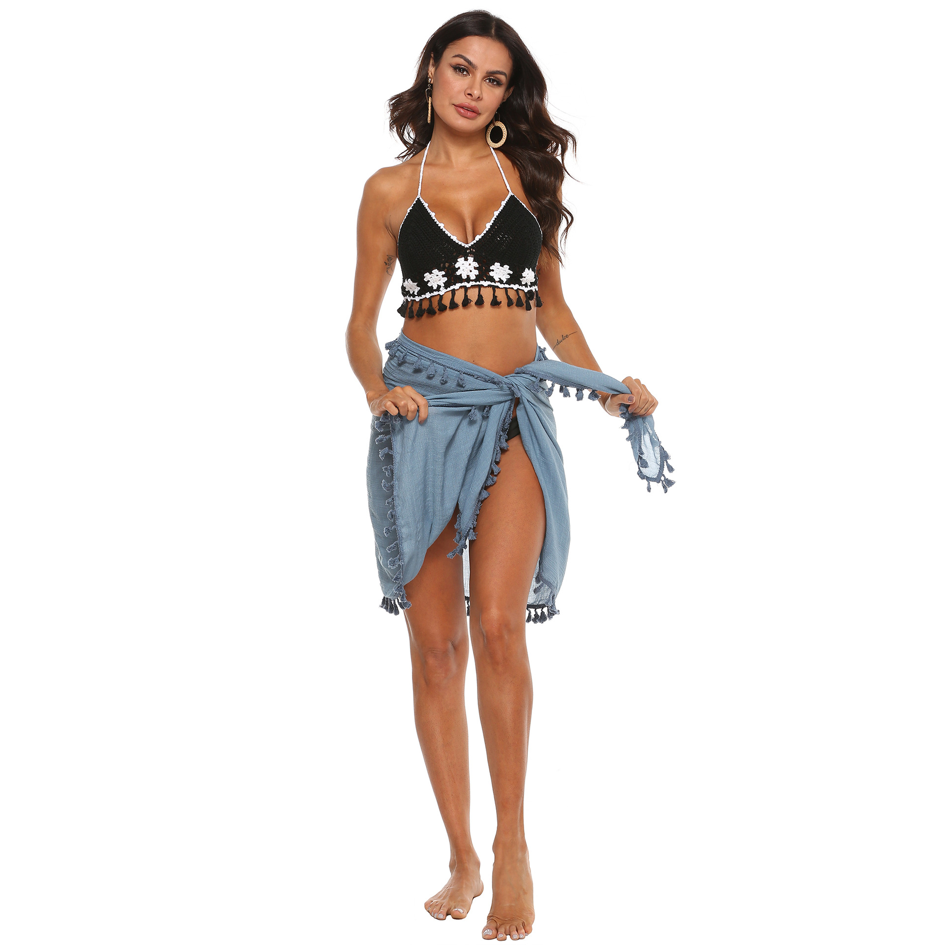 175g Weight Above Knee Dress Length Type Sleeveless Sleeve Length Sarong Wrap Dresses Type Polyester Fabric Type Mid Waist Waist Line 1 Piece Quantity Beach Occasion Collarless Neckline Regular Fit Fit Type Solid Color Pattern Women's Gender Tassel Design Vacation Style Vacation Solid Color Polyester Above Knee Skirts 7