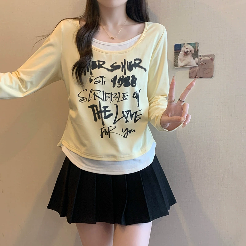 Spring set with letters, long-sleeve, T-shirt, plus size