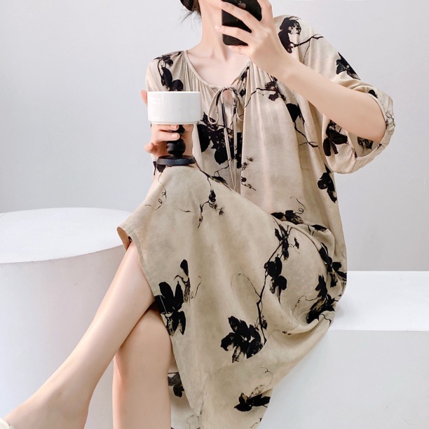 Camisón mujer verano falda larga de playa delgada pijama de seda de algodón primavera y otoño damas estilo de vacaciones ropa de hogar de seda de algodón de gran tamaño