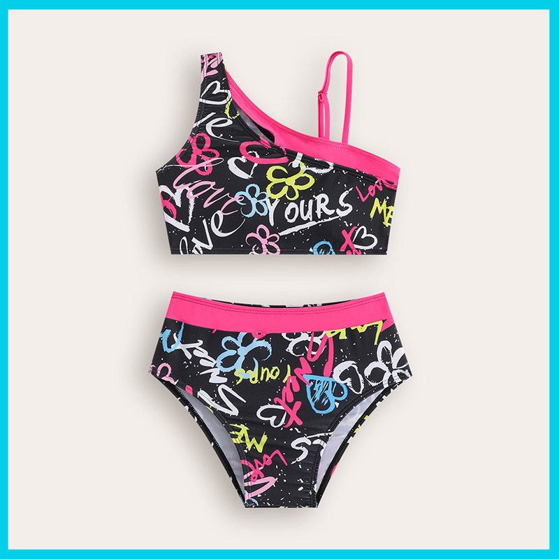 Girls' Off Shoulder Sweet & Cool Graffiti Print Two-Piece Swimsuit For Big Kids, Cartoon Pattern Swimwear For Pool Beach Vacation_voghion.com