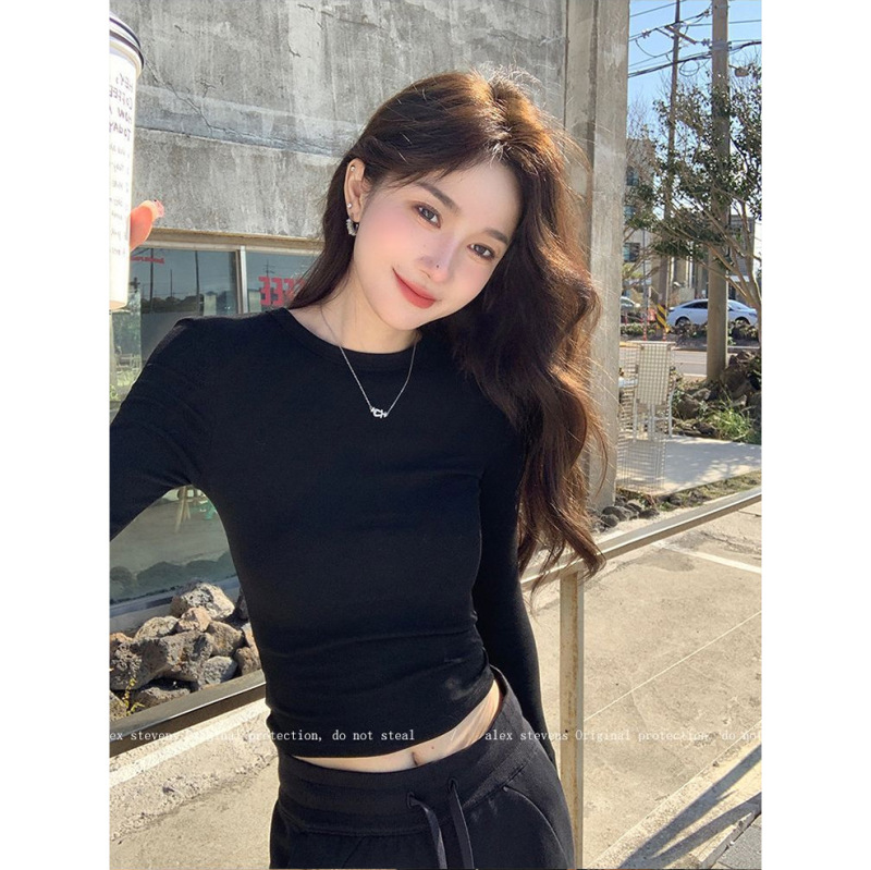 辣妹掐腰长袖T恤女2025新款修身显瘦百搭打底衫女装百搭网红上衣|undefined