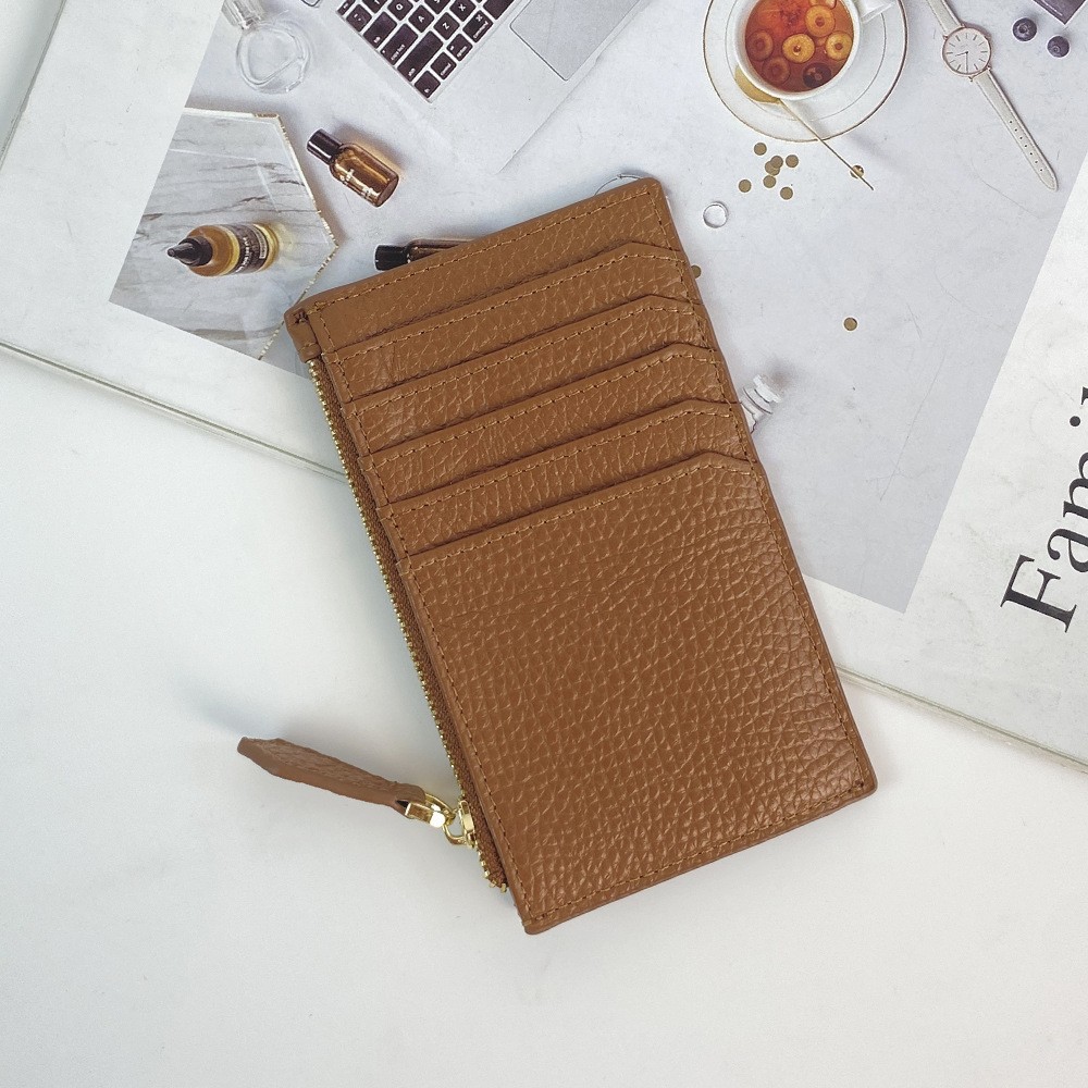 Moda transfronteriza simple estilo japonés estilo coreano titular de la tarjeta con ranura para múltiples tarjetas bolso de identificación de piel de vaca de primera capa monedero de cuero suave con cremallera