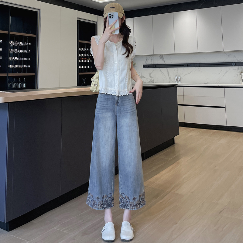 女性用刺繍レース9点ジーンズ2025夏薄手スリムで万能な小柄な人向けのゆったりストレートワイドレッグパンツ|undefined