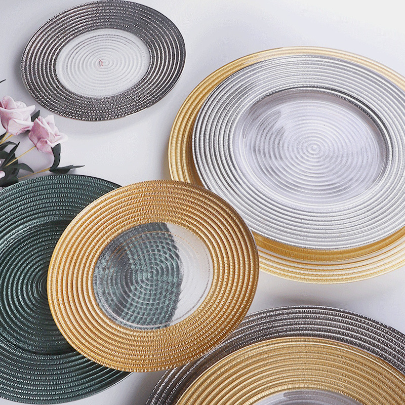 Golden dark green straw hat pattern glass plate model room display plate hotel western food mat plate