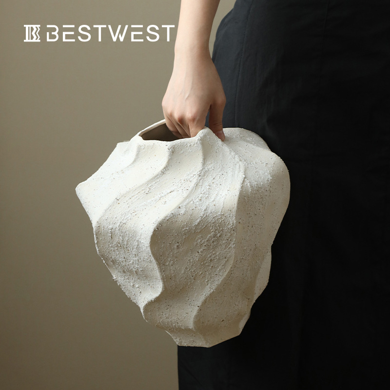 Bestwest Stoneware Pot Jingdezhen Ceramic Vase Ornaments Entrance Hall Decorative Flower Vessel Wabi-Sabi Style Living Room