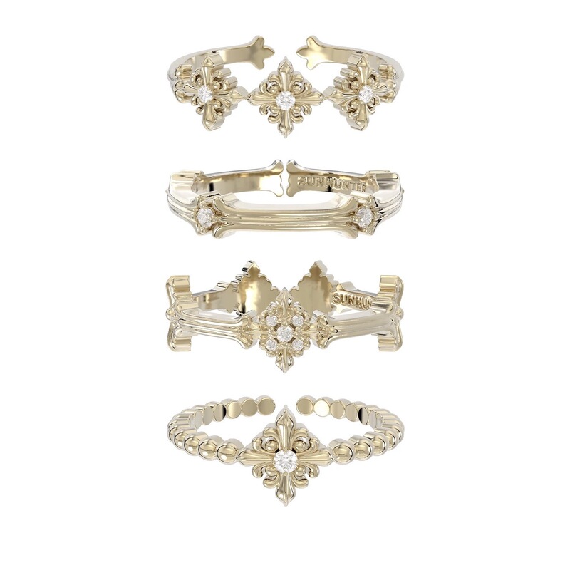 Three Horizontal Titanium Gold-Colored Complex Iris Flower Ring Set with a Combination Design, Light Luxury Jewelry, French Retro Style for Women