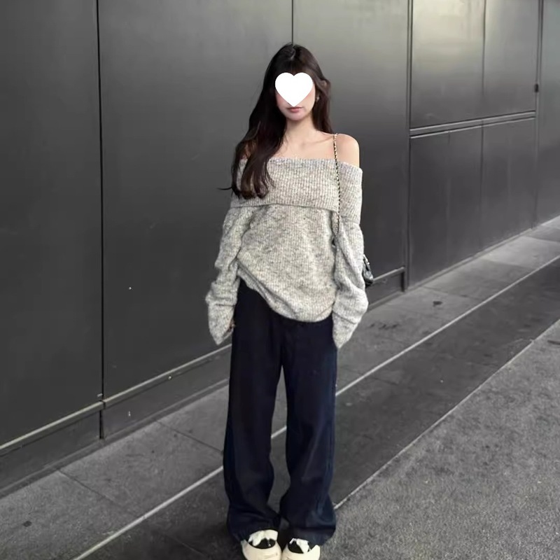 灰色露肩韩系套头毛衣女秋冬慵懒风宽松气质小个子长袖一字肩上衣|undefined