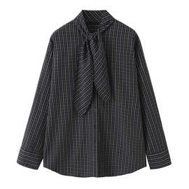 跨境外贸女装2025秋季新款欧美时尚宽松甜美宽松系带领格子衬衫女