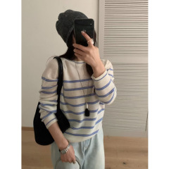 木四 秋冬新款100%全羊毛衫女士撞色条纹显瘦针织衫打底毛衣M6522