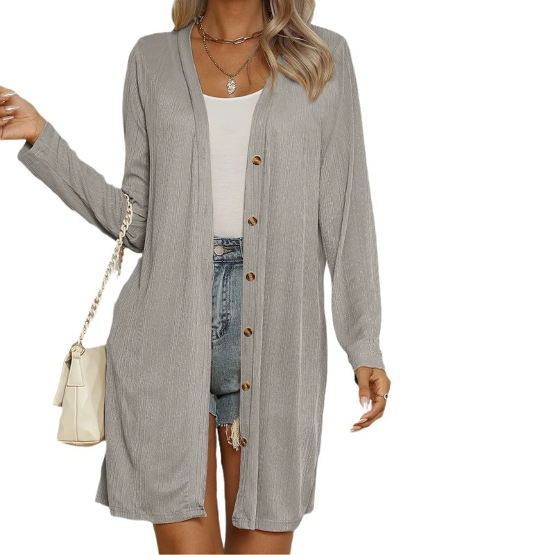 2025 осень-зима Европа-Европа-трансграничный новый Amazon TEMU Женская длинная пуговица сплошной цвет повседневный кардиган с длинными рукавами женский