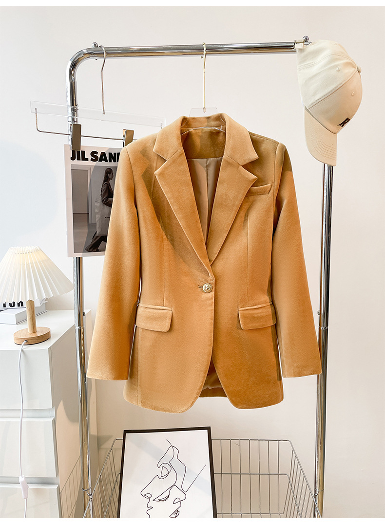 GraceChic 2025 Spring And Autumn New One-Button Set Irregular Lapel Simple Camel Suit Pants For Women_voghion.com