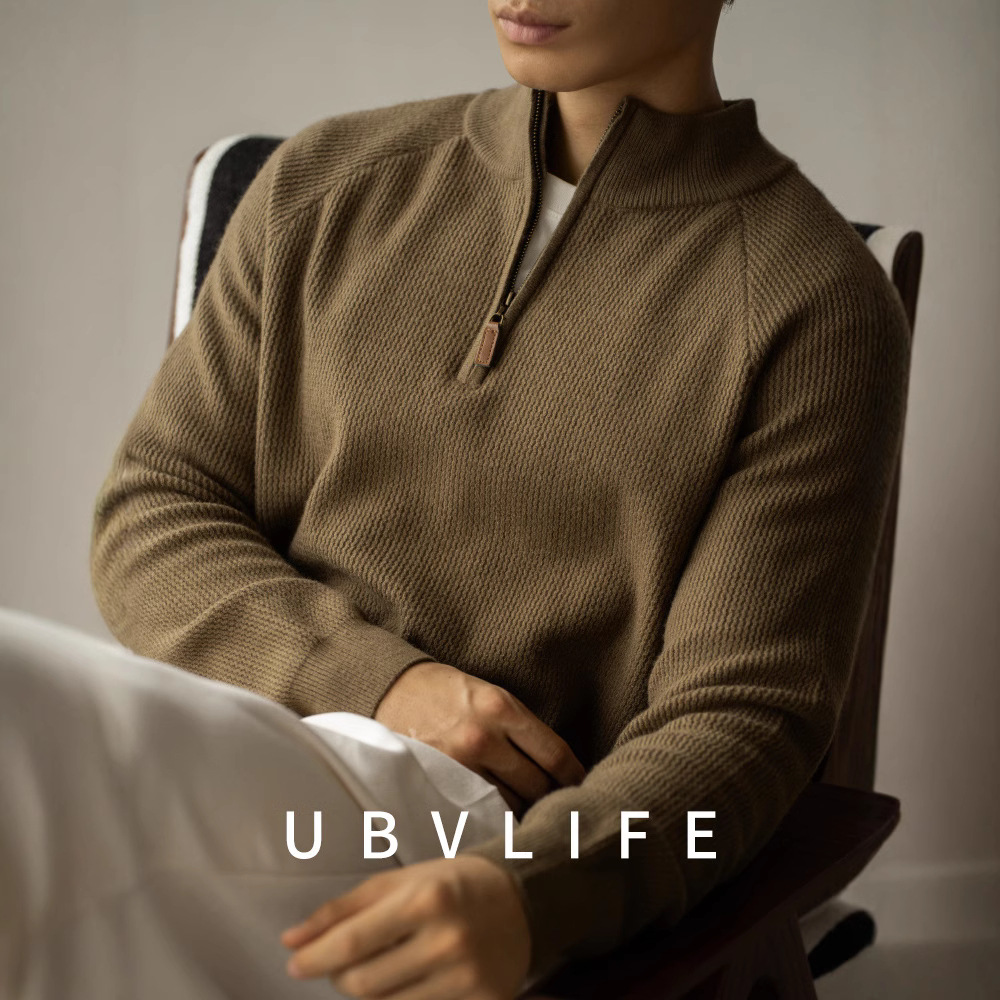 14-stitch Texture Machine Washable Wool Sweater Men's Youth Autumn and Winter New Warm Half-turtleneck Zipper Sweater