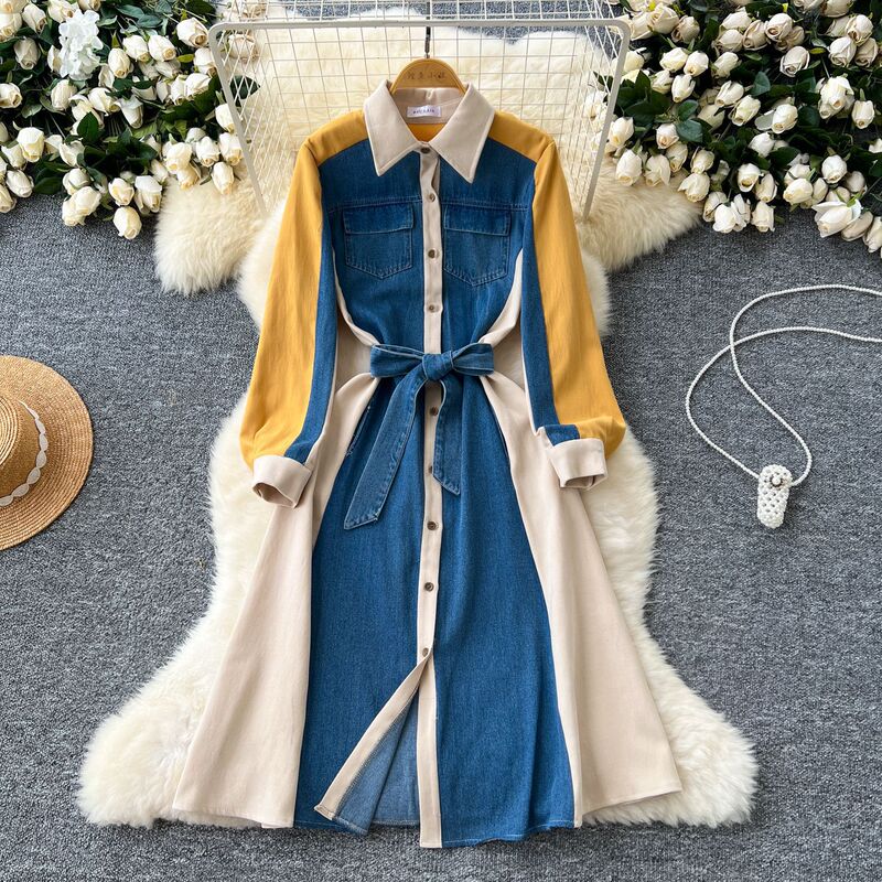 Color-Blocked Long-Sleeved Lapel Single-Breasted Denim Splicing Straps Waist Slimming Look Shirt Dress 2024 New Fashion