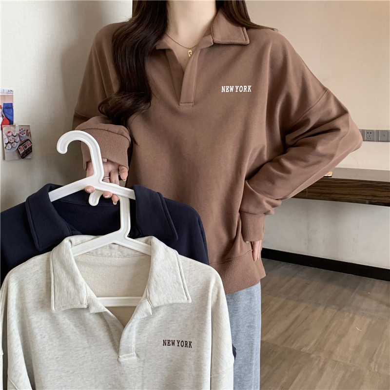 American style retro POLO collar long-sleeved sweater women's spring and autumn thin 2022 New loose Korean style all-matching top coat