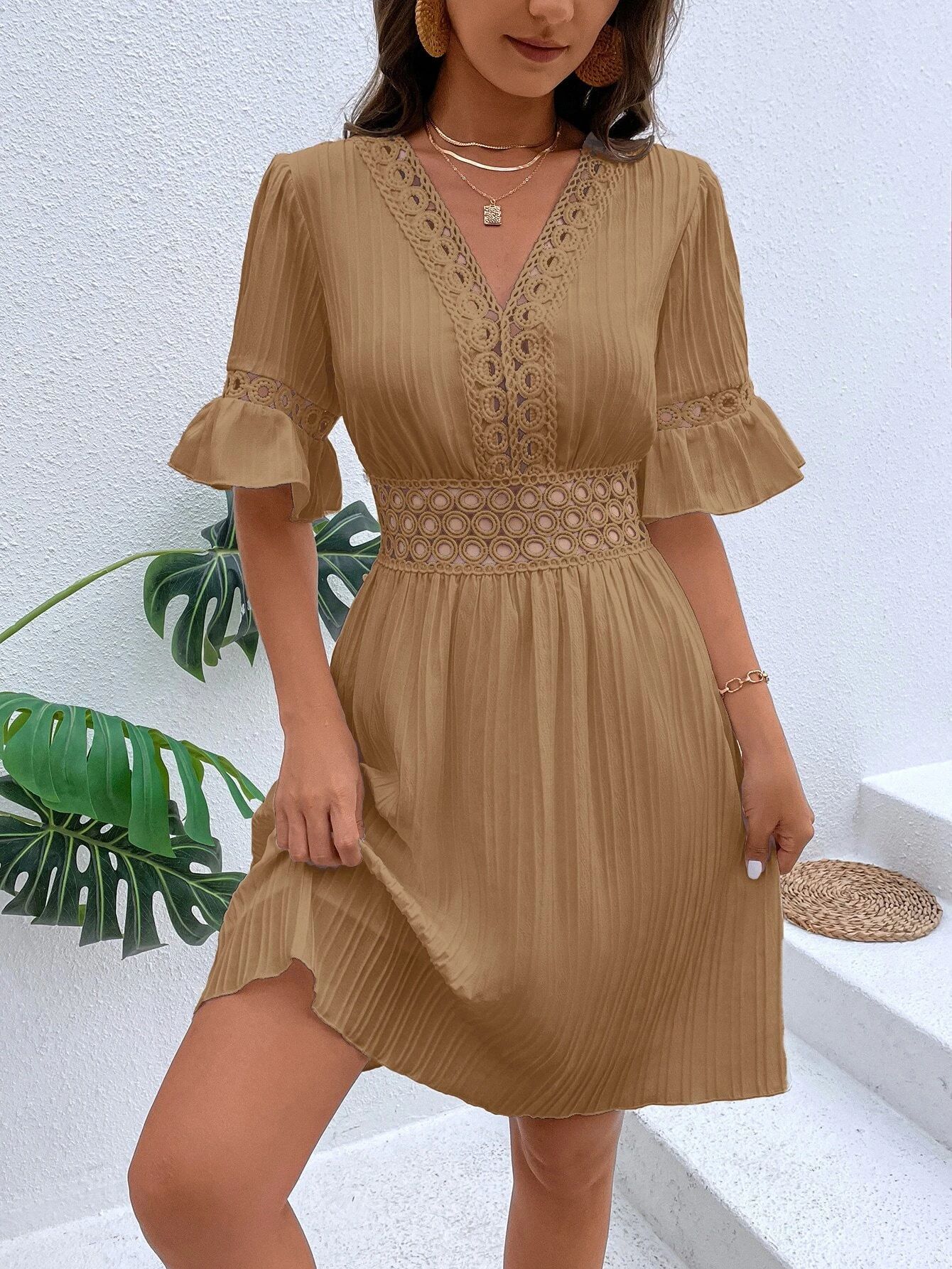 277g Weight Knee-Length Dress Length Type Half Sleeve Sleeve Length Regular Dress Dresses Type Bell Sleeve Sleeve Type Polyester Fabric Type High Waist Waist Line Holiday, Daily Occasion V Neck Neckline Slim Fit Type Solid Color Pattern Summer Season Women's Gender Lace Design Elegant, Streetwear Style Wholesale Women's Elegant Streetwear Lace Solid Color Holiday Daily V Neck Half Sleeve Regular Dress 23