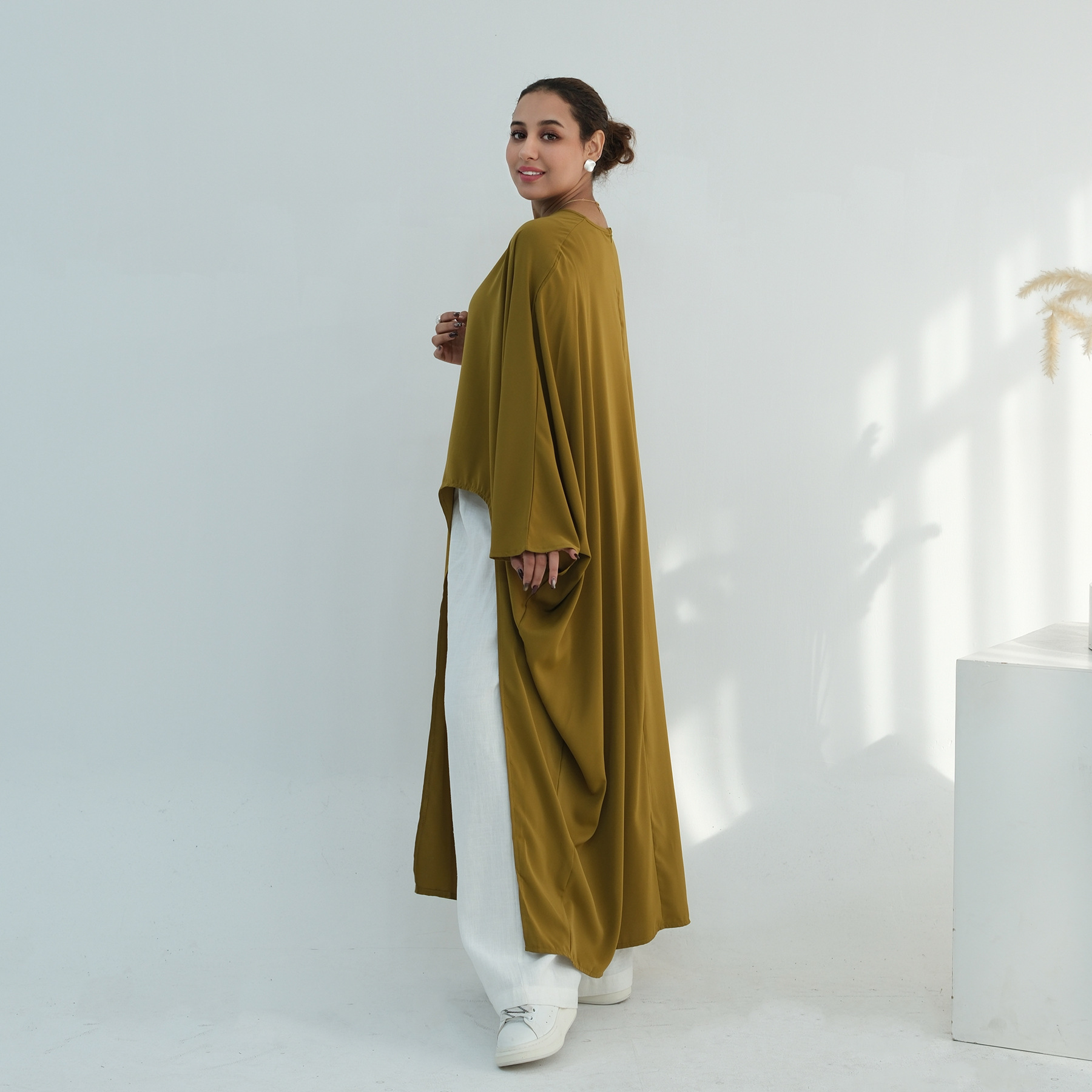 Voya Women's Oversized Modest Robe - Loose Fit Asymmetric Top With Crew Neck, Solid Color Longline Cardigan, Casual Loungewear, Elegant Daily Wear,_ecoleips.com