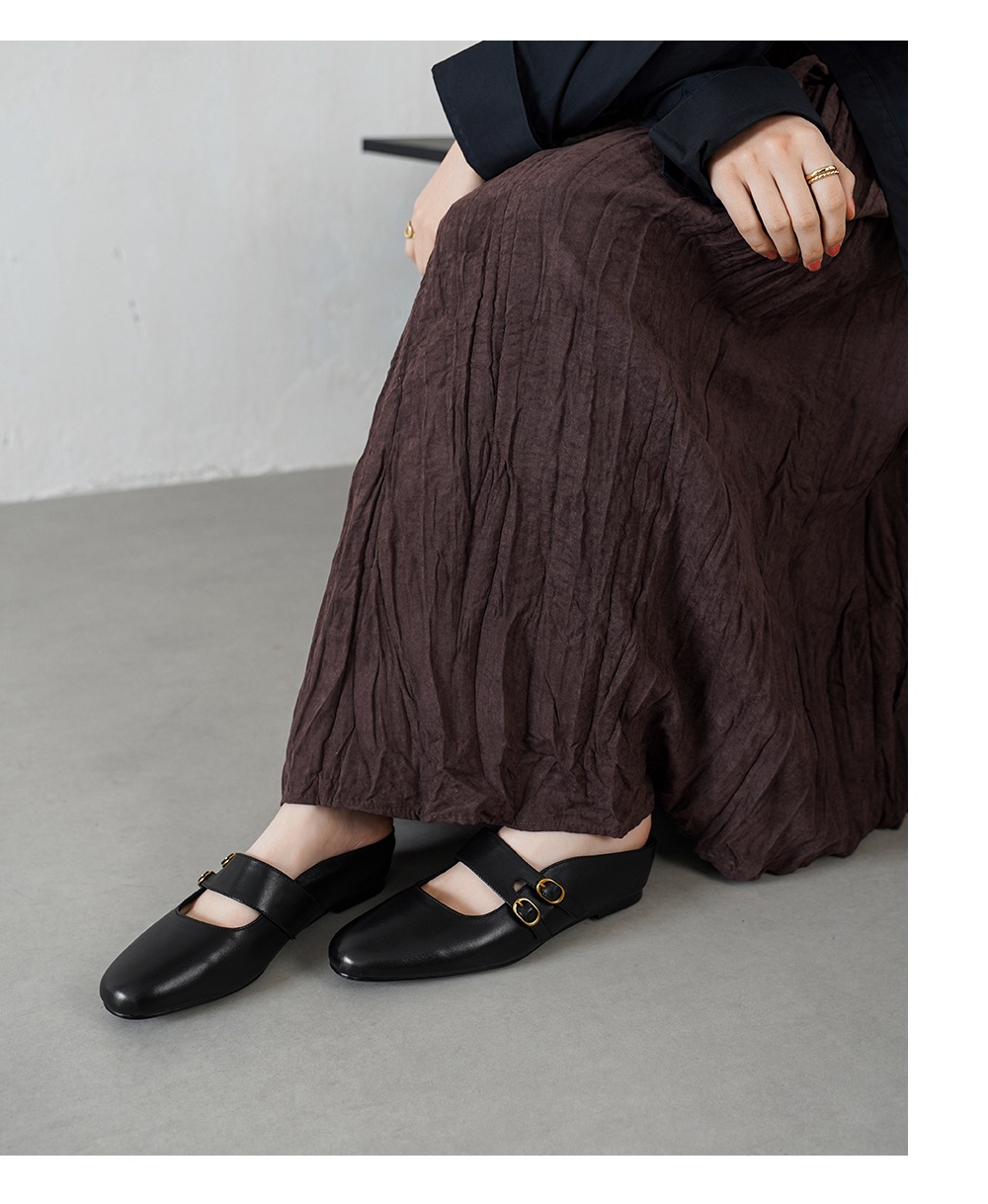 Dép mule nữ da bò mũi tròn quai ngang hở gót — đen chi tiết 9