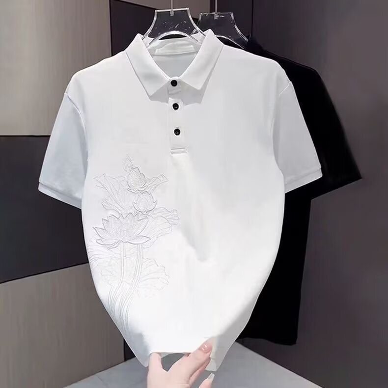 Summer Men's Fashion Trendy Chinese Style Embroidered Short-Sleeve Polo Shirt, Trendy Brand Versatile Affordable Collared Half-Sleeve T-Shirt Summer Men's Fashion Trendy Chinese Style Embroidered Short-Sleeve Polo Shirt, Trendy Brand Versatile Affordable Collared Half-Sleeve T-Shirt