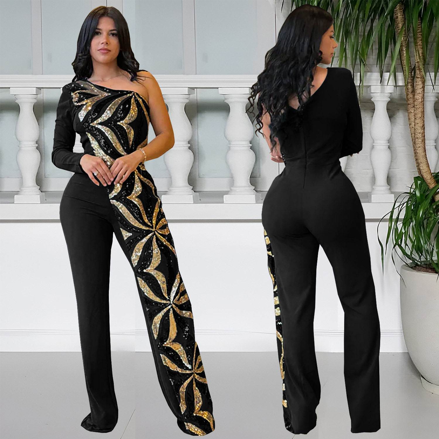 C7301 Cross-border AliExpress Amazon Ropa de mujer de moda europea y americana Temperamento ajustado de un solo hombro Bolso de lentejuelas Mono de brazo