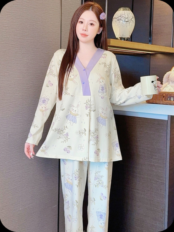 带胸垫夏季薄款怀孕期睡衣产后哺乳月子服孕妇专用可外穿喂奶套装|undefined