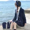 Cyan long dress + white shirt + YKK cyan skirt + blue tie