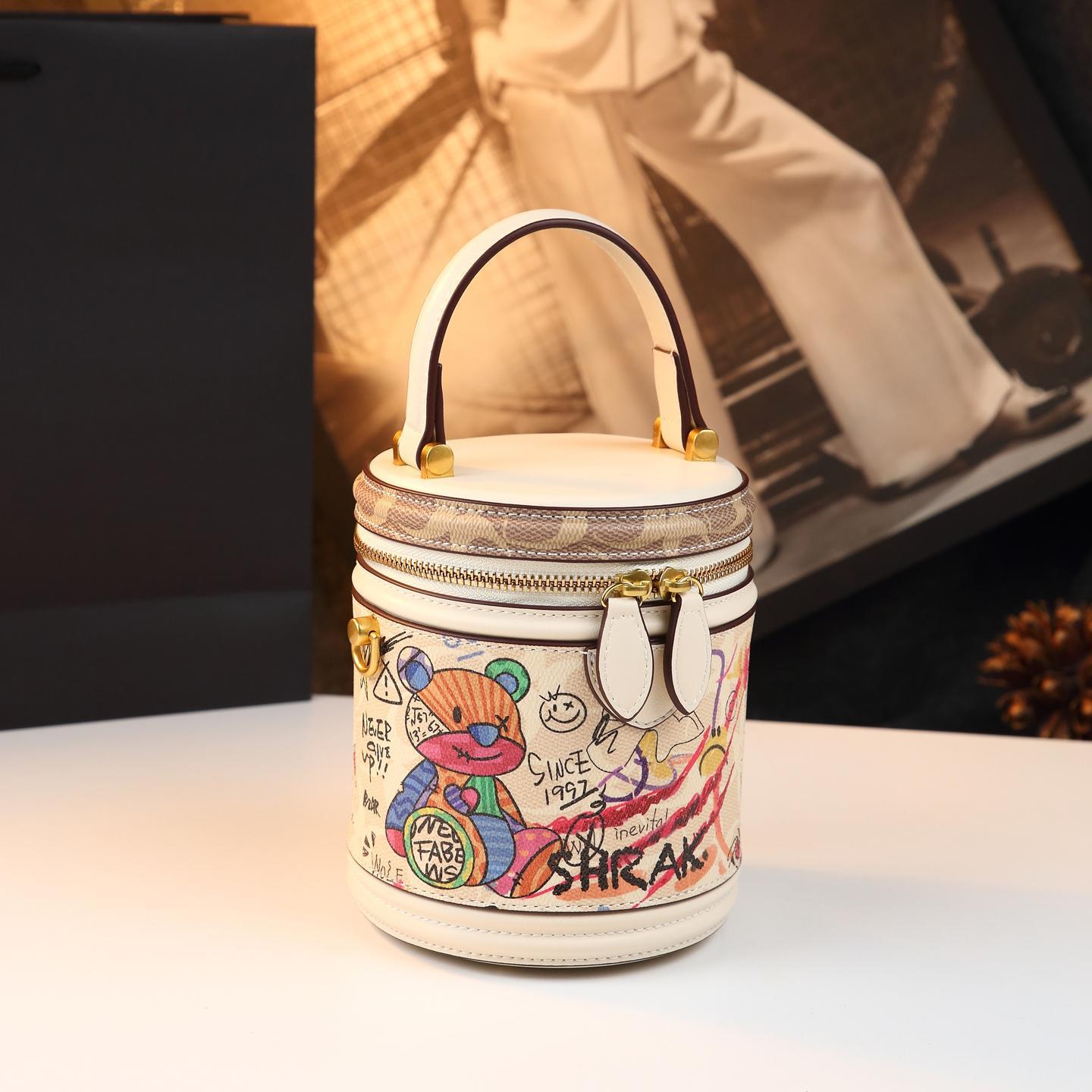 Túi bucket nữ hình trụ họa tiết gấu vẽ tay, đeo chéo kiểu mới — màu trắng ngà, Cà phê Brown, màu sắc