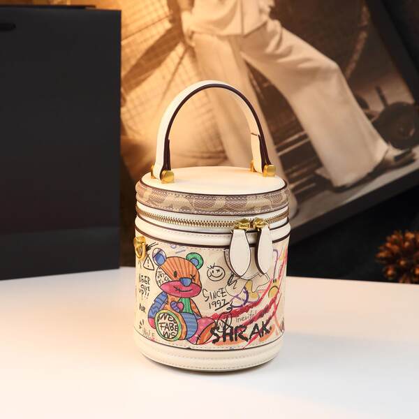 Túi bucket nữ hình trụ họa tiết gấu vẽ tay, đeo chéo kiểu mới — màu trắng ngà, Cà phê Brown, màu sắc