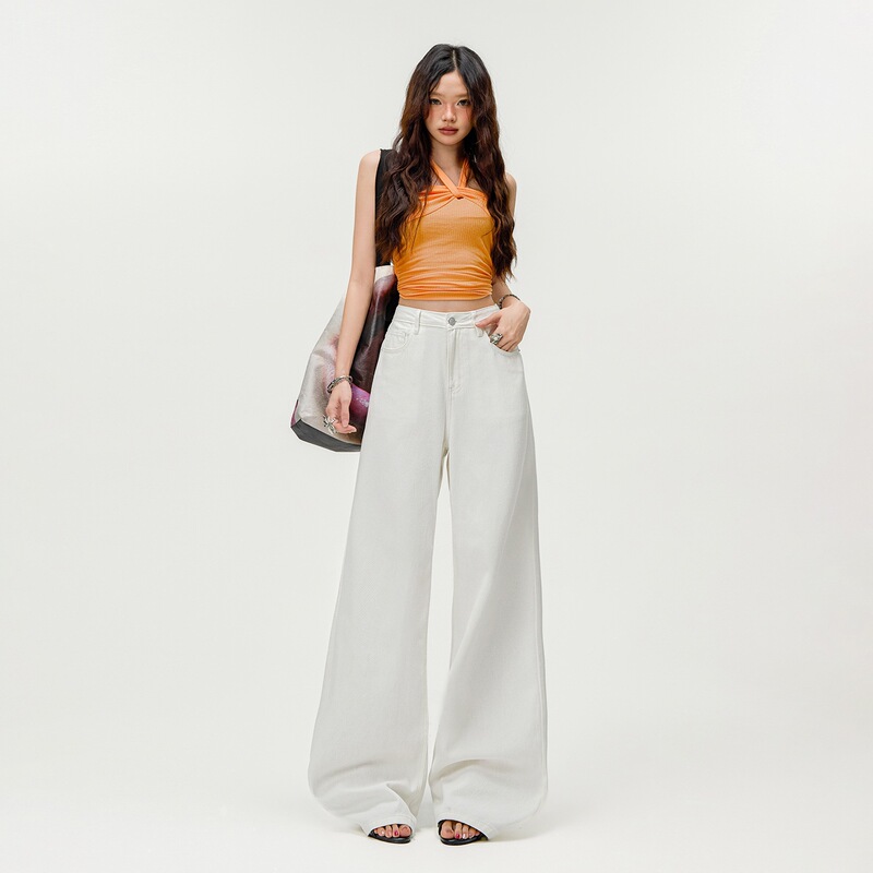 Simple and Stylish Pure Cotton Wide-Leg Jeans for Women, Summer Loose Fit, Slimming, Comfortable, Casual, Versatile Straight-Leg Pants