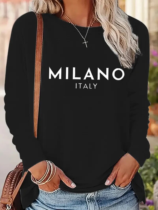 Fashionable Milan Italian Print Long-Sleeve Shirt, Quirky Gothic T-Shirt, Women's Printed T-Shirt, Crew Neck Top t