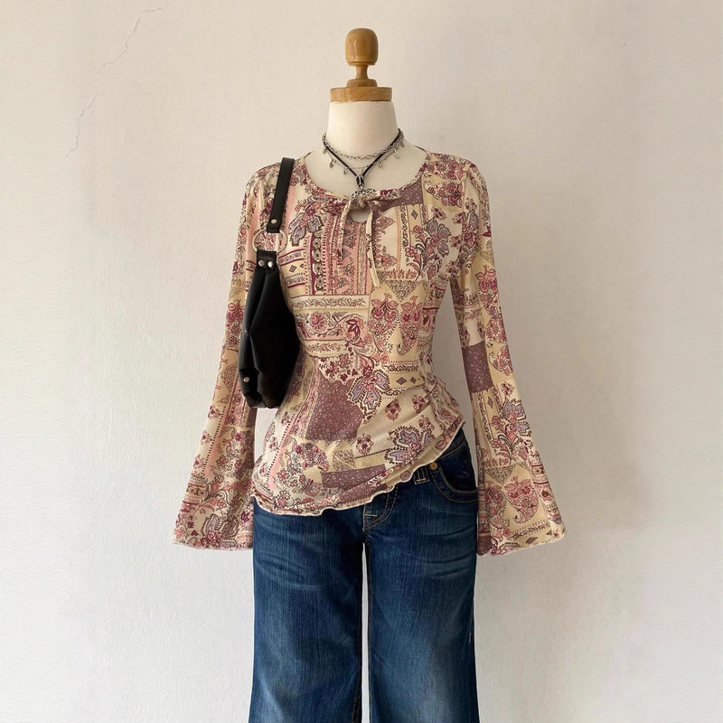 Cross-Border Amazon Digital Printing Casual Personalized Top Bohemian Style Low-Neck Slim Long-Sleeved T-Shirt for Women