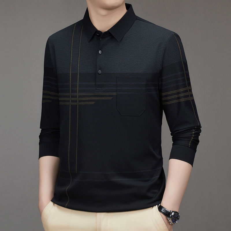 Middle-Aged and Elderly Men's Spring & Fall Cotton Classic Long-Sleeved Polo Shirts Dad's Real Flap Pocket Pants T-Shirt Tops Wholesale