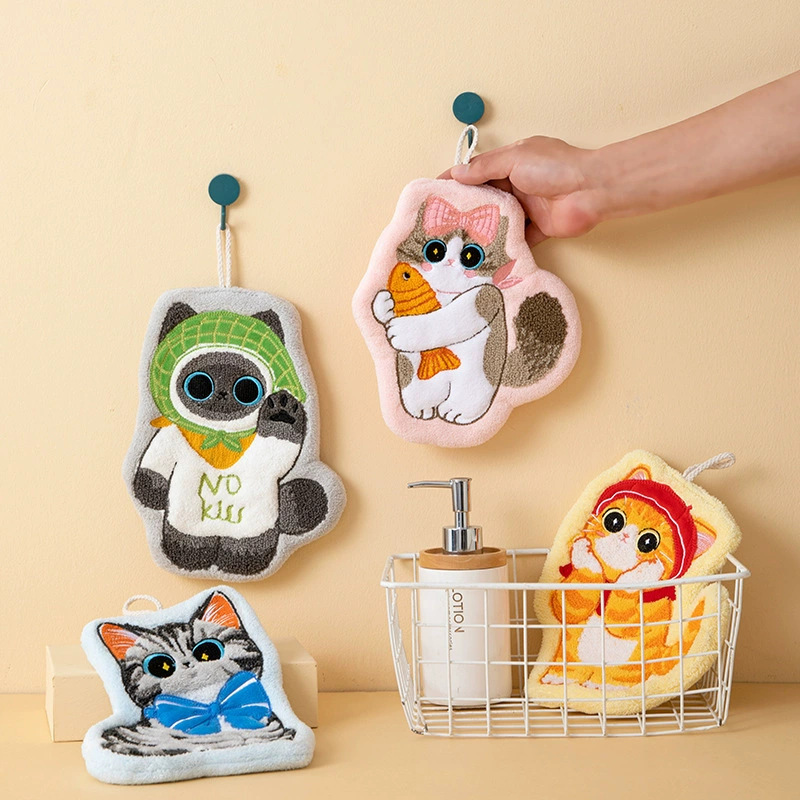 Cat-Themed Thick Coral Fleece Absorbent Towel, Hangable Kitchen and Bathroom Children's Towel, Soft Handkerchief