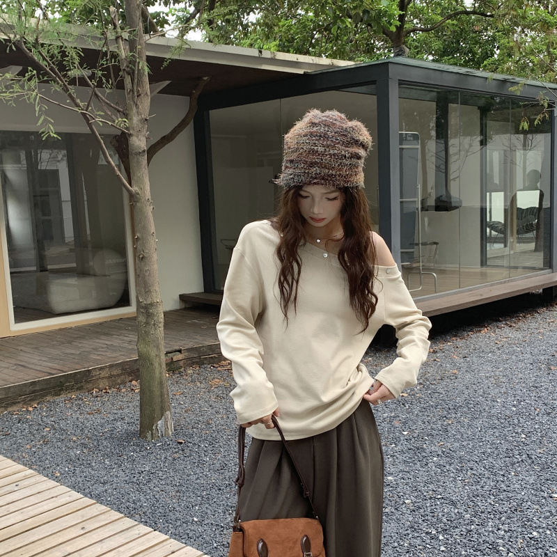 实拍#长袖T恤女2025新款秋装女款早秋斜肩露肩不规则上衣女|undefined