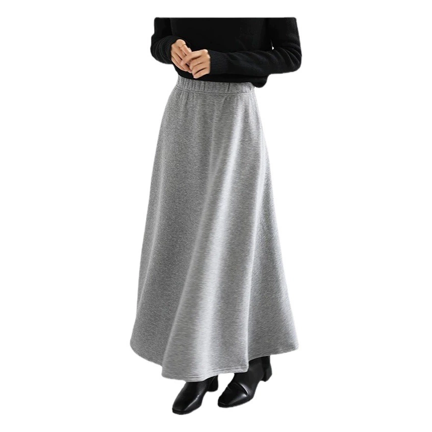 Юбка на флисовой подкладке Утолщенная Весна-Осень-зима Большая юбка-качели с высокой талией Юбка средней длины А-силуэта Универсальная длинная юбка для похудения Женская юбка