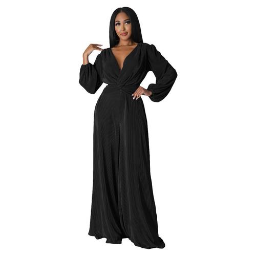 Y1264 Amazon European and American clothing autumn and winter new sexy V-neck folded long-sleeved high-waisted wide-leg jumpsuit