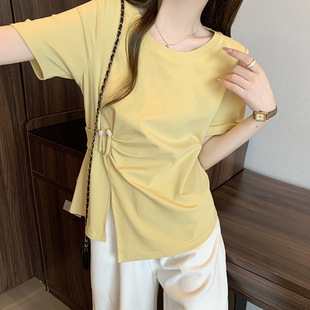 2024 summer new plus size chubby girl fashion all-match national style asymmetric design waist short sleeve top T-shirt
