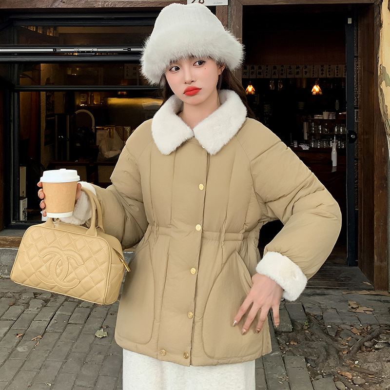 外贸羽绒棉服女冬季2024新款收腰超好看羊羔毛领棉衣加厚棉袄外套