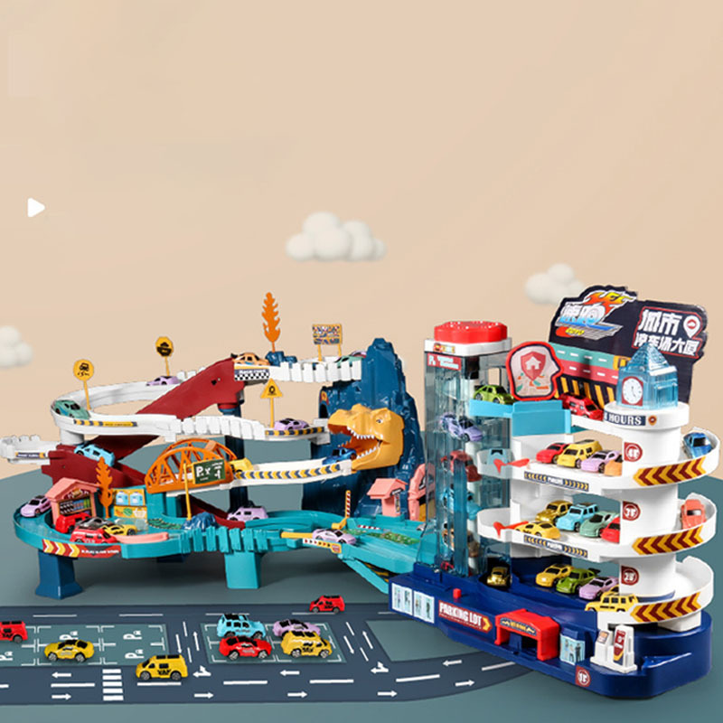 Juego de aventura de montaña tridimensional eléctrico ensamblado para niños Dinosaur Paradise Orbital inercial Coche Juguete